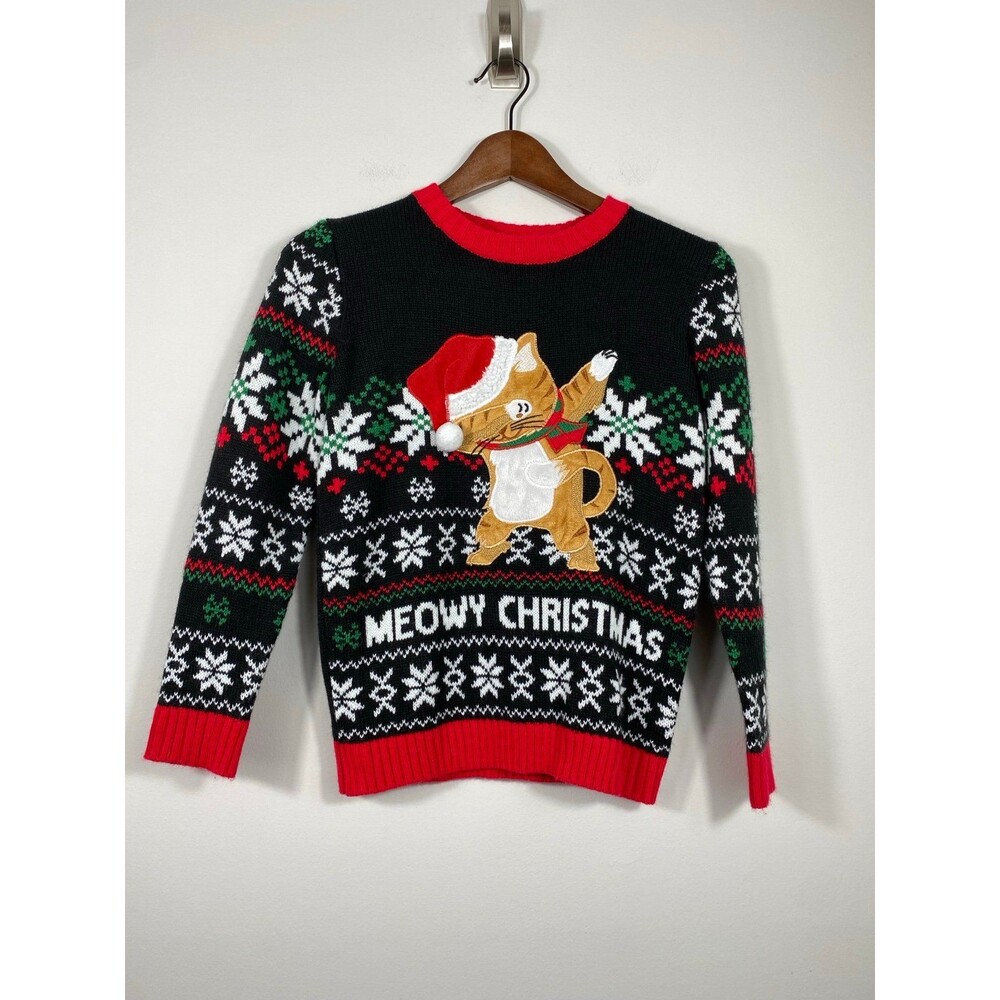 Holiday Time Meowy Christmas Cat Ugly Sweater Size M (8) Black Red